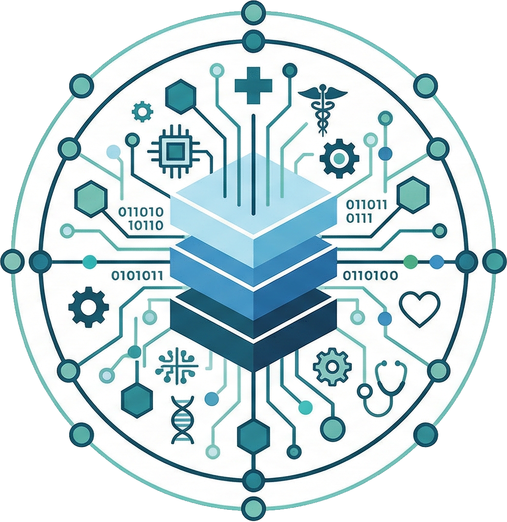 Composição abstrata institucional: redes de dados, camadas de sistema e integração entre tecnologia e saúde — ecossistema Health Angels Holding.
