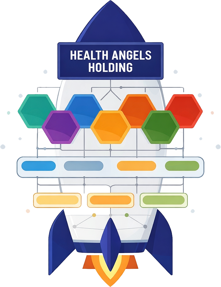 Ilustração abstrata institucional de apoio ao mapa do ecossistema em saúde da Health Angels Holding.